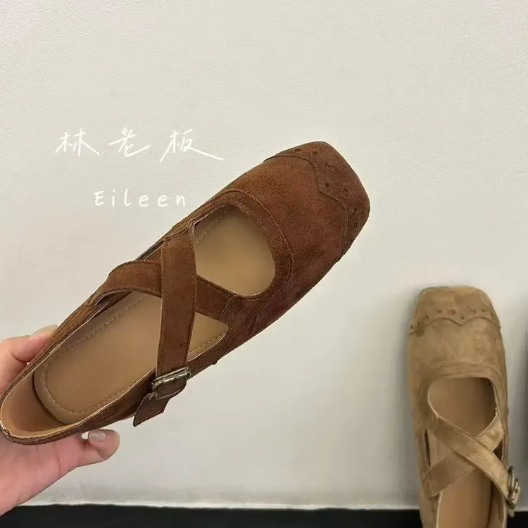 韩版法式小众平底交叉玛丽珍鞋女鞋子早秋款复古棕色方头芭蕾舞