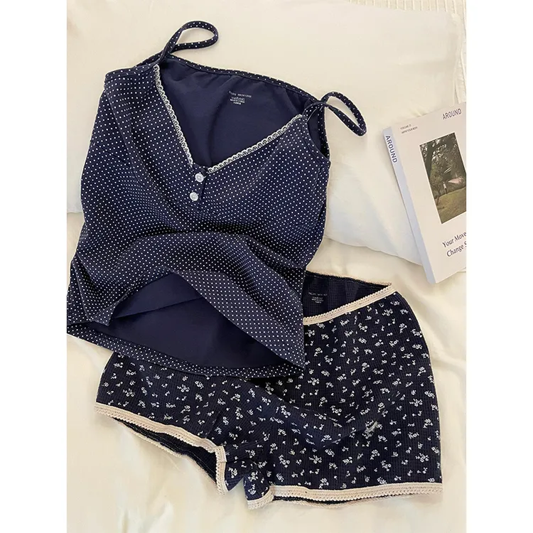 【波点蕾丝边】法式简约可爱睡衣女夏季新款吊带短裤外穿家居服套装