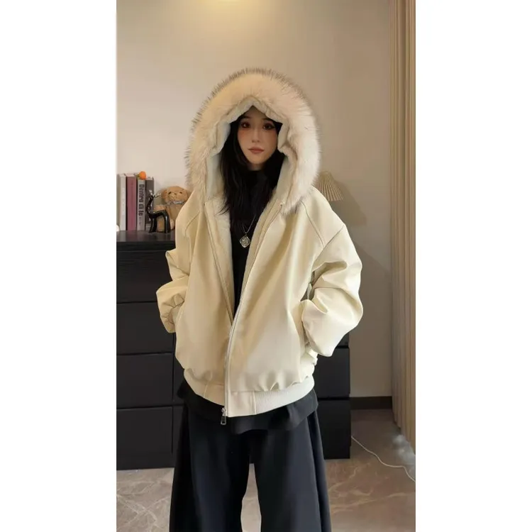 冬季爆款荔枝纹皮连帽座山雕PU皮外套男女冬季加绒加厚皮毛领棉衣