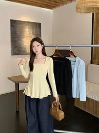 长2025秋季大码女装收腰显瘦法式气质方领上衣百褶长袖小衫80388