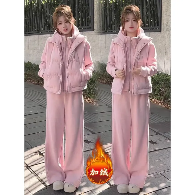 拉夏贝尔韩系时尚套装女秋冬2025新款夹棉马甲加绒卫衣卫裤三件套