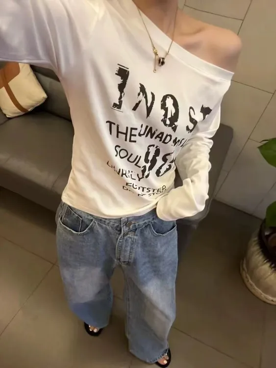 （断码断色福利）6129番外早秋韩版斜领显瘦修身型长袖T恤女