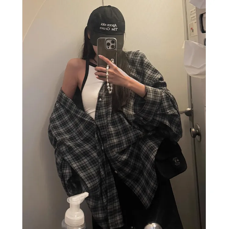 Two Million/复古当道灰色格子衬衫女慵懒宽松休闲防晒小个子上衣