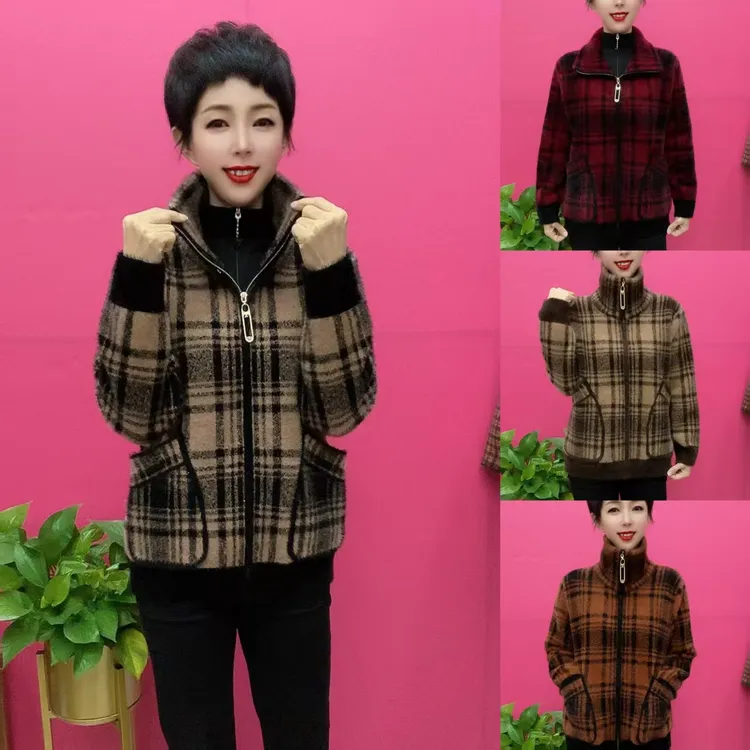 两用领小格休闲加绒外套