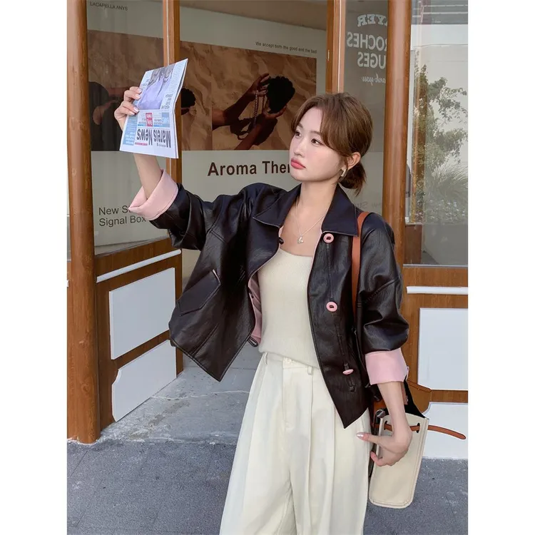 减龄撞色拼接咖色短款皮衣外套女春秋2025新款小个子PU夹克巨好看
