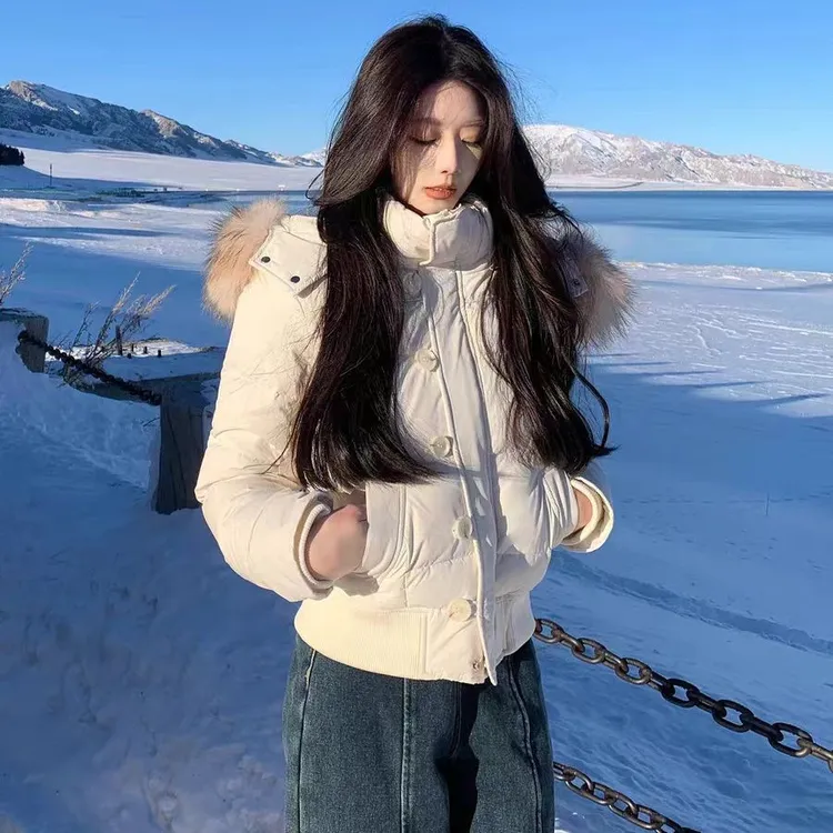 南区菲奥娜藏青可脱卸帽毛领棉服外套女冬季新款短款服