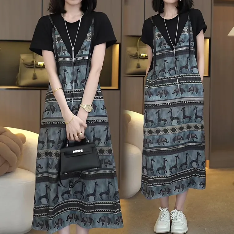 慵懒松弛感民族风假两件连衣裙女夏季2025新款时尚宽松显瘦休闲裙