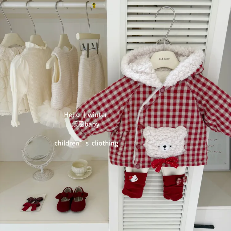【乐恩童装】原创冬女童小熊格子加绒外套厚款韩系保暖棉服两件套装