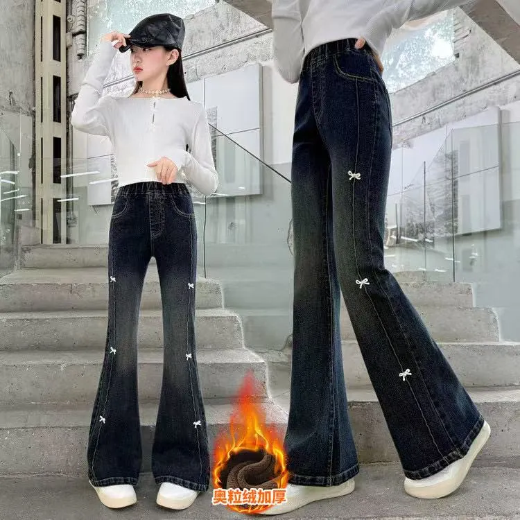 女童冬款洋气时髦蝴蝶结加绒喇叭裤牛仔裤