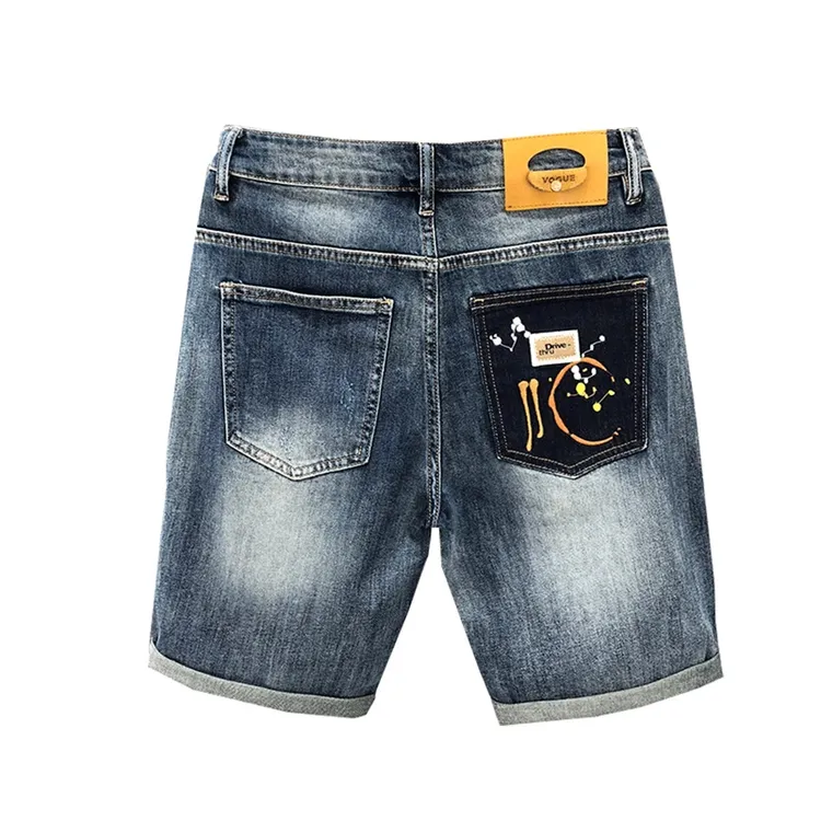 勒灵伊赫高级感刺绣牛仔短裤男款薄款浅色五分裤夏季新款直筒中裤