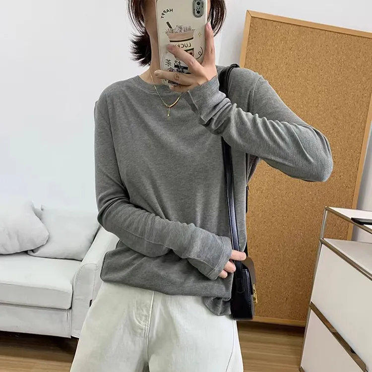 超柔圆领宽松打底衫女长袖T恤基础款内搭上衣2025春季新款体恤衫
