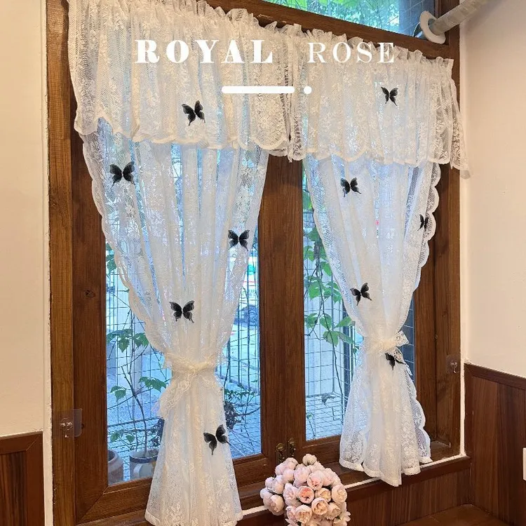 蕾丝窗纱免打孔法式白纱帘魔术贴蝴蝶装饰门帘卧室儿童房帘头窗帘