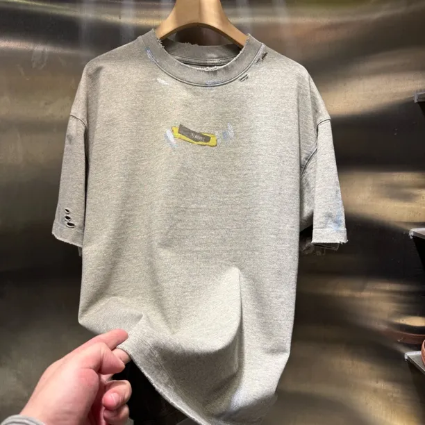 9927 春款2026做旧磨破水洗重工纯棉宽松短袖T恤休闲百搭