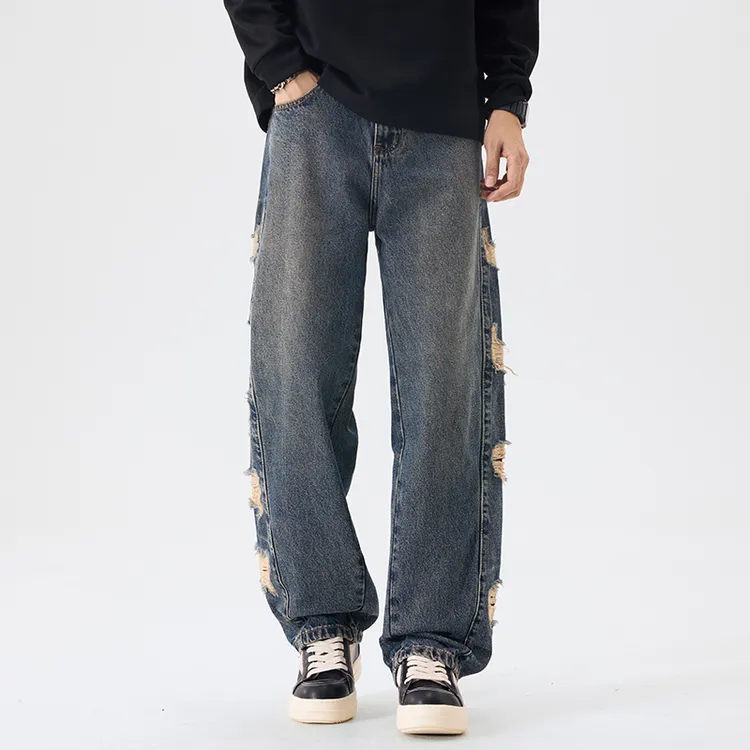 【赤原】2025新款潮牌宽松百搭直筒男装美式复古高街做旧牛仔裤大码