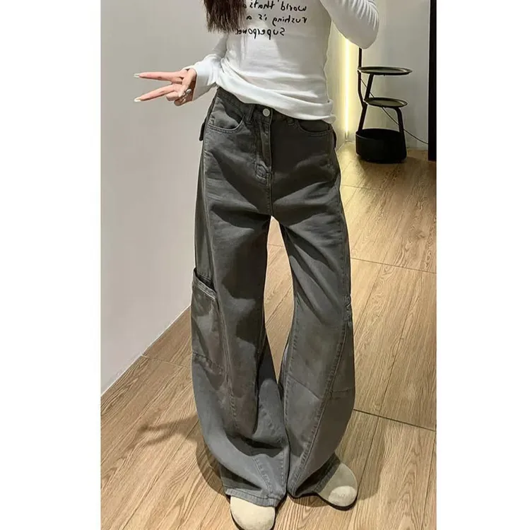 美式复古高街阔腿工装牛仔裤女显瘦垂感高腰弯刀裤百搭多口袋设计