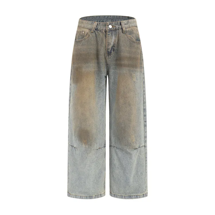 美式街头嘻哈脏色做旧复古水洗宽松直筒休闲牛仔裤欧美中性风长裤