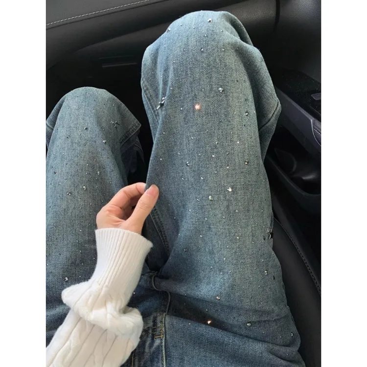 美式重工烫钻牛仔裤女春季2025新款设计感宽松显瘦欧货阔腿长裤子