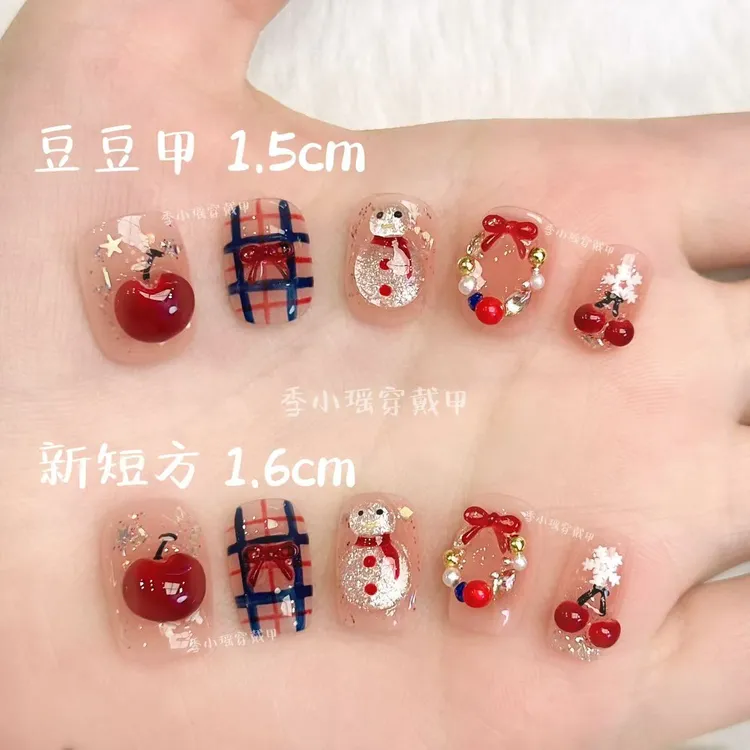 【雪国恋人】圣诞氛围感立体雪人苹果手工穿戴甲显白樱桃高级感美甲