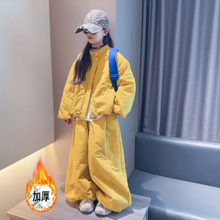 女童冬装棉服套装2025新款大童立领加厚棉衣外套冬季阔腿裤两件套