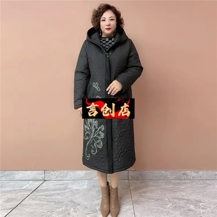 90140外套中老年连帽棉服妈妈优雅棉袄中长款加厚显瘦复古大码冬