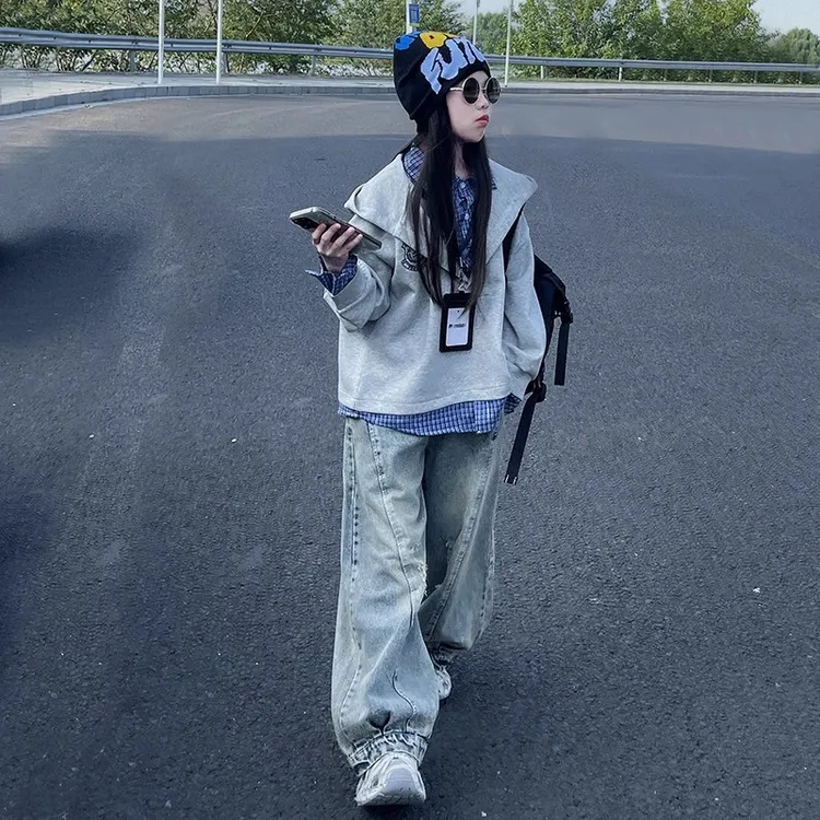 女大童2025春秋新款复古宽松设计感拼接假两件衬衫休闲卫衣牛仔裤