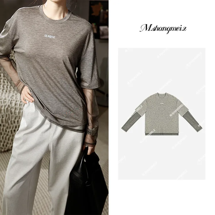 M.SHANGMEI.Z/沐熙【神秘感】美大哥别致假两件拼接袖T恤X042363