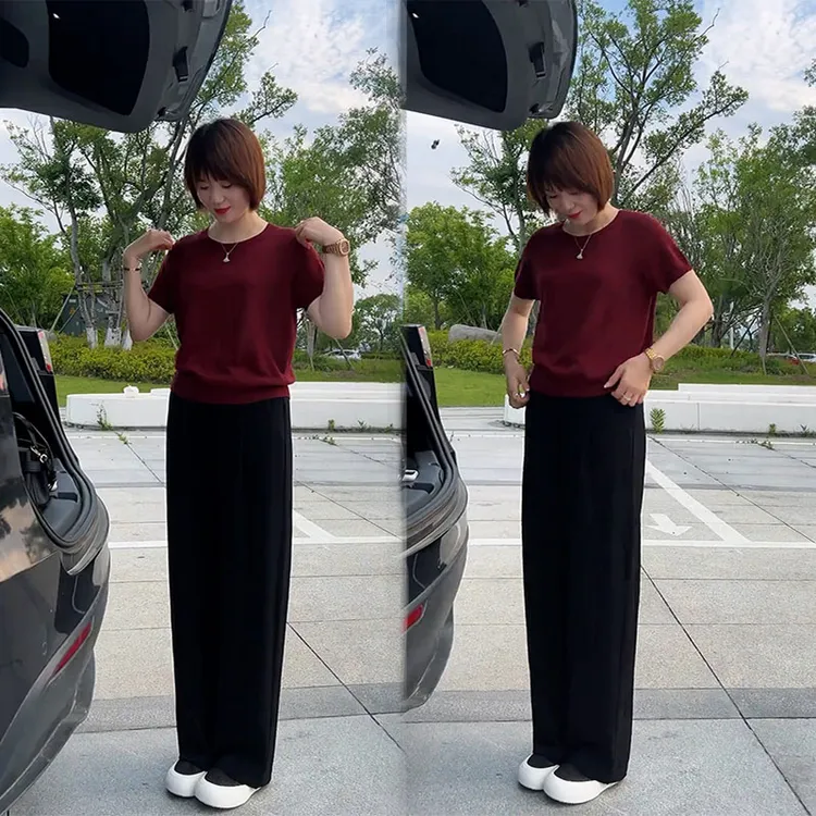 微胖减龄夏装显瘦轻熟风搭配针织衫休闲阔腿裤高级感气质两件套