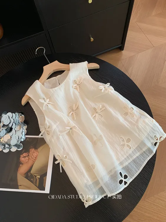 夏季蝴蝶结刺绣高级感甜美减龄无袖上衣女短款小个子气质洋气衬衫