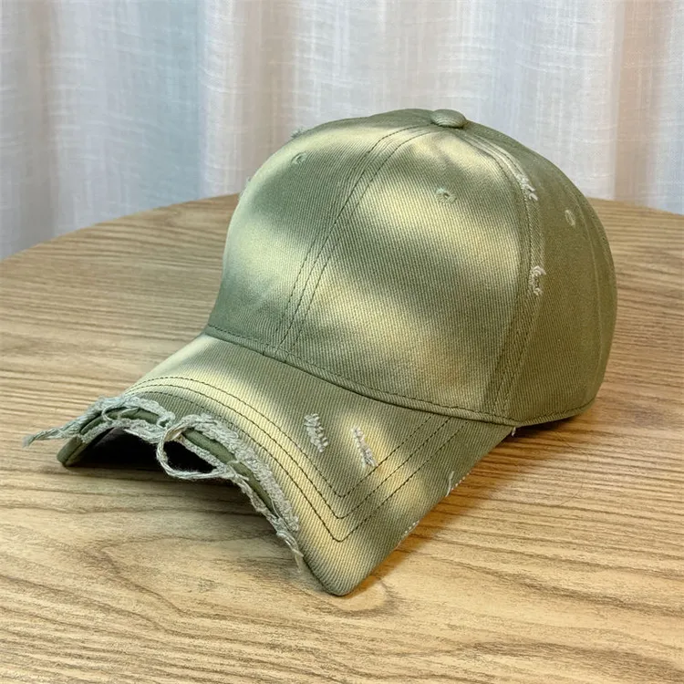 破洞牛仔鸭舌帽男女夏季户外休闲百搭遮阳绿色日系韩版复古棒球帽