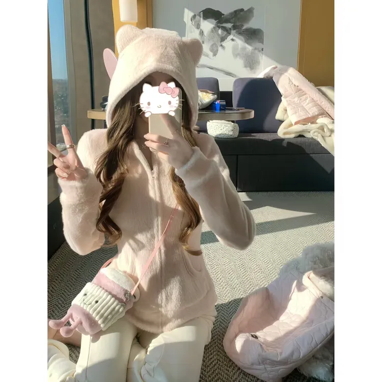 H1372 软糯猫猫 韩系秋冬温柔甜美少女设计感连帽毛绒外套女