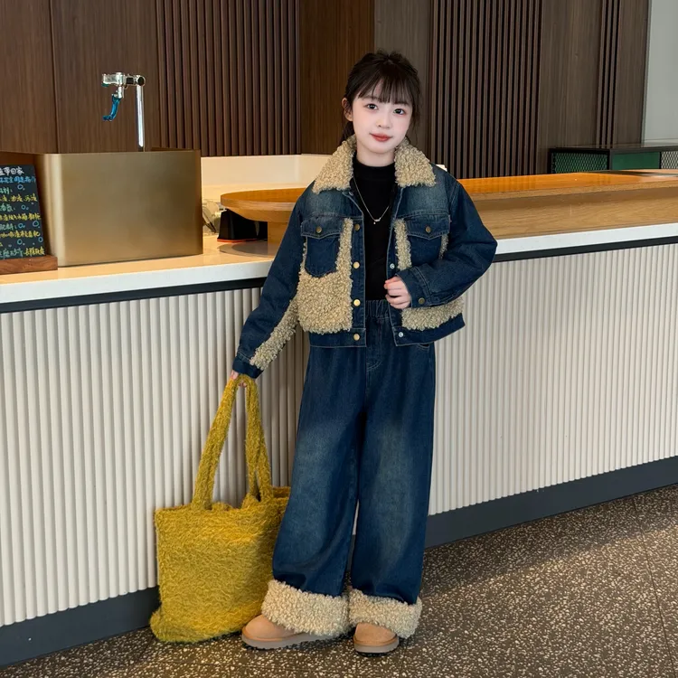 2025冬季做旧复古牛仔羊羔毛拼接棉服外套加绒阔腿裤套装女童两件