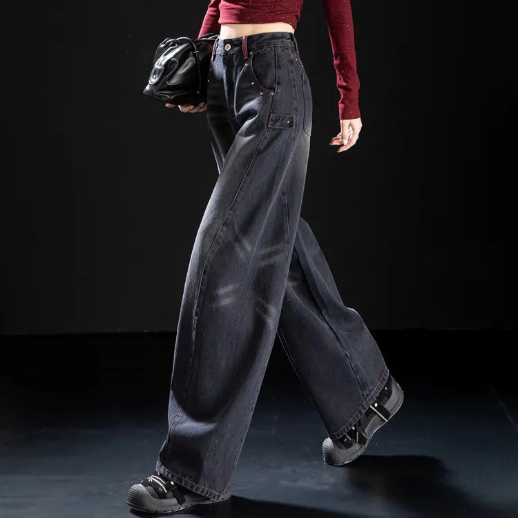 灰黑色牛仔裤女款爆款2025新款炸街潮款裤子女秋冬美式宽松弯刀裤
