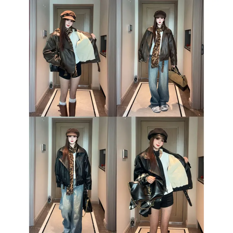 复古港风双层领男友风皮衣休闲机车服加绒加厚8208