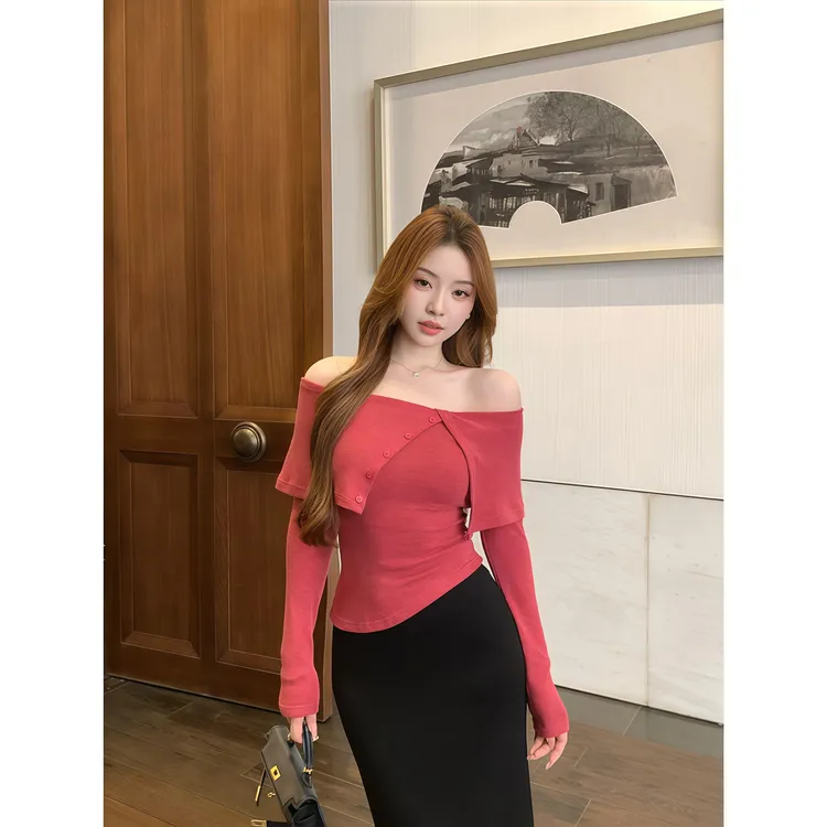 时尚辣妹性感一字翻领露肩纯色针织衫女秋季新款修身显瘦气质上衣
