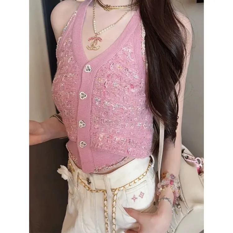 小香风粉色领针织吊带背心女夏季修身外穿度假风短款无袖小上衣