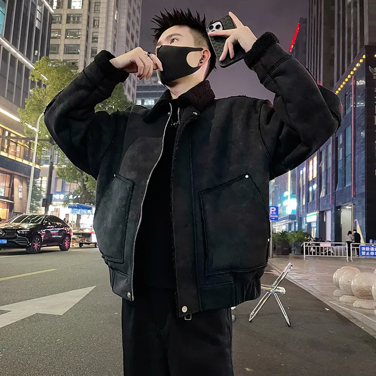 冬季美式痞帅皮毛一体棉衣2025新款机车解构拼接加绒加厚翻领夹克