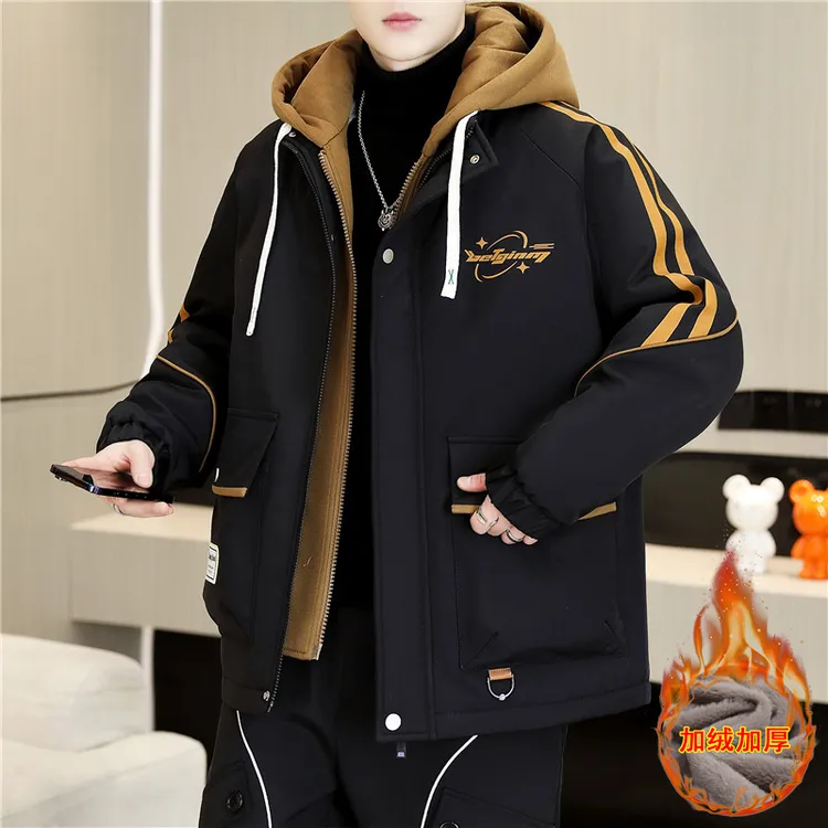男士冬季棉衣假两件外套加绒加厚夹克休闲保暖棉服潮流宽松秋冬