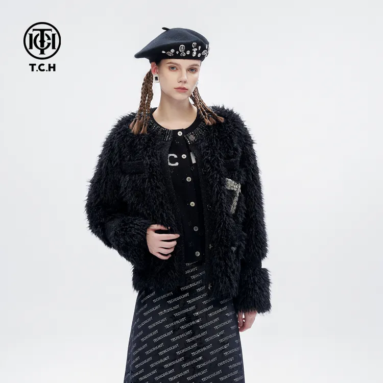 TCH轻奢烫钻工艺环保时尚气质名媛毛呢外套女T72D056010tch