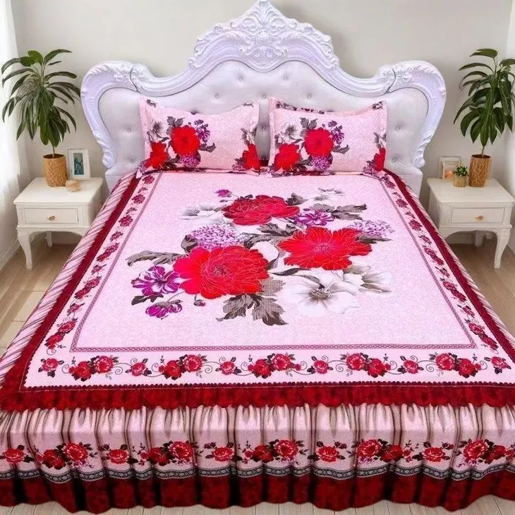 红色床单单件磨毛床盖双人床床裙大床床罩花边加大印花亲肤中年