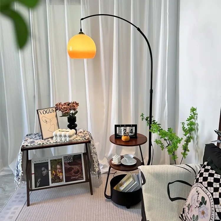 中古风客厅落地灯沙发旁置物架摆件复古书房主卧室床头柜一体台灯