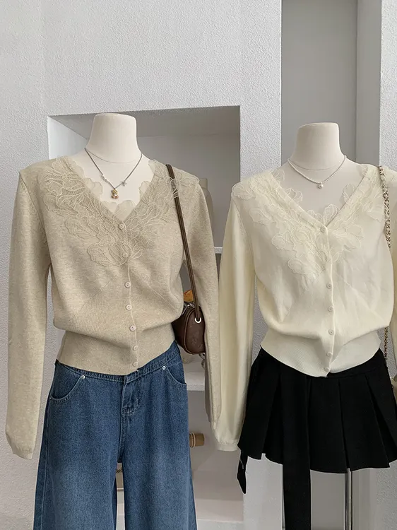 白色V领拼接蕾丝针织开衫百搭纯色长袖内搭上衣秋冬季女装毛衣