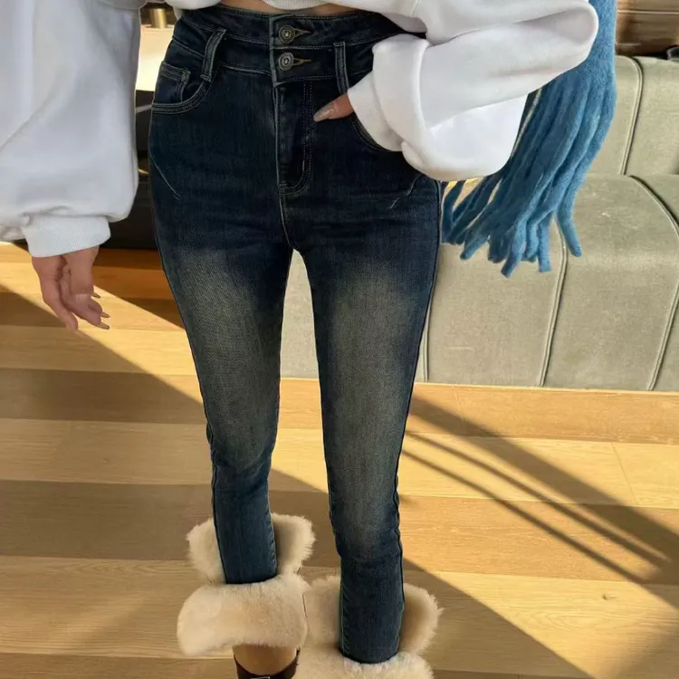 GOD正版财神家2025年冬季新款弹力修身加绒洋气小脚裤牛仔裤女潮