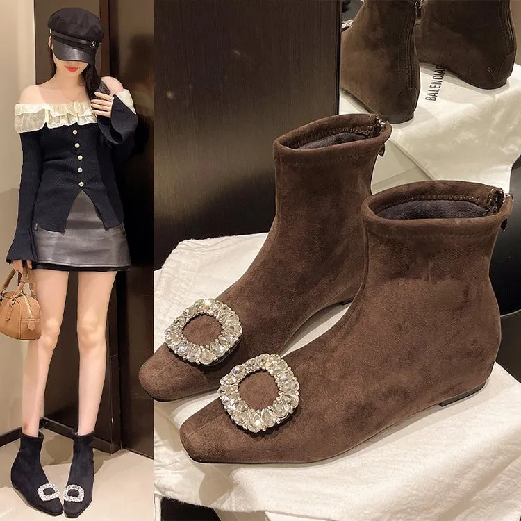 【8071-1】增高内增高方头法式秋季保暖短靴单靴加绒高跟平底