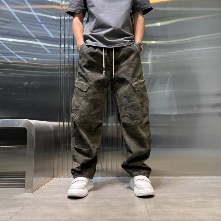 冬季新款工装裤加绒男士休闲裤美式多口袋男直筒宽松迷彩休闲长裤