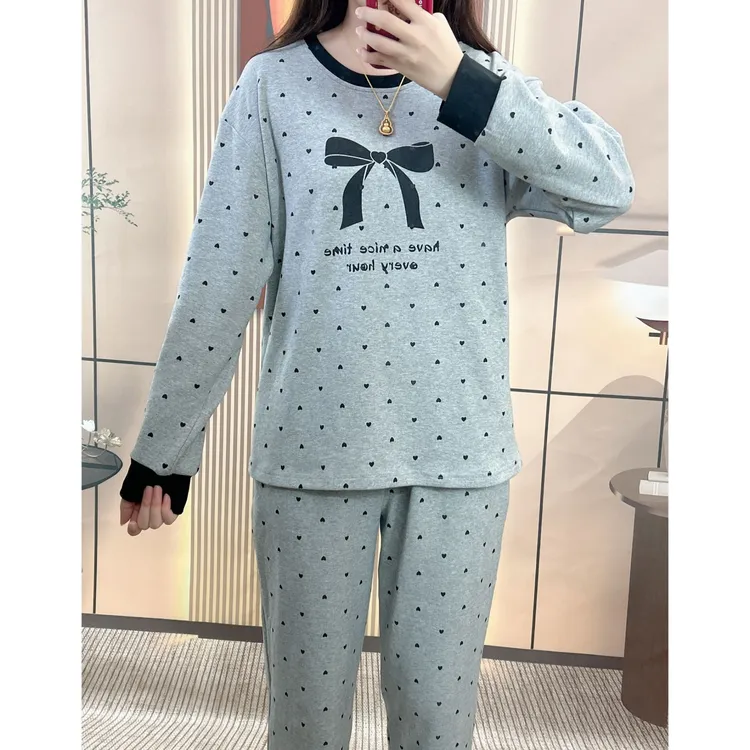 【爱心蝴蝶结】带胸垫秋冬季新款纯棉睡衣女长袖家居服大码外穿套装
