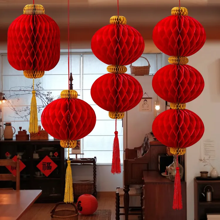 新年装饰红灯笼挂件2026马年商场店铺蜂窝球挂饰春节过年氛围布置