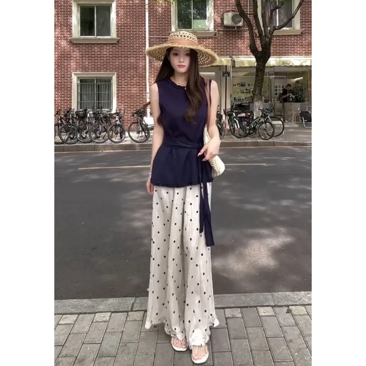 parkyeon韩系复古小众藏蓝色无袖吊带背心上衣波点休闲长裤套装