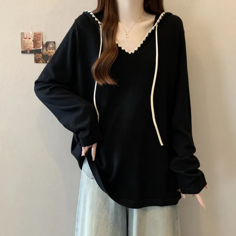 大码女装遮肚子连帽V领长袖打底衫女春秋胖妹妹宽松显瘦针织上衣