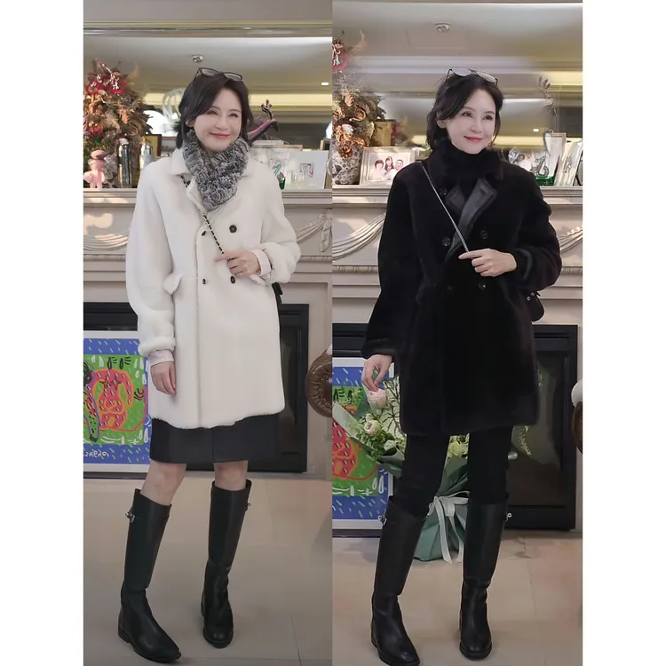 我是摩羯 财阀千金 澳大利亚美利奴皮毛一体秋冬双排扣大衣外套