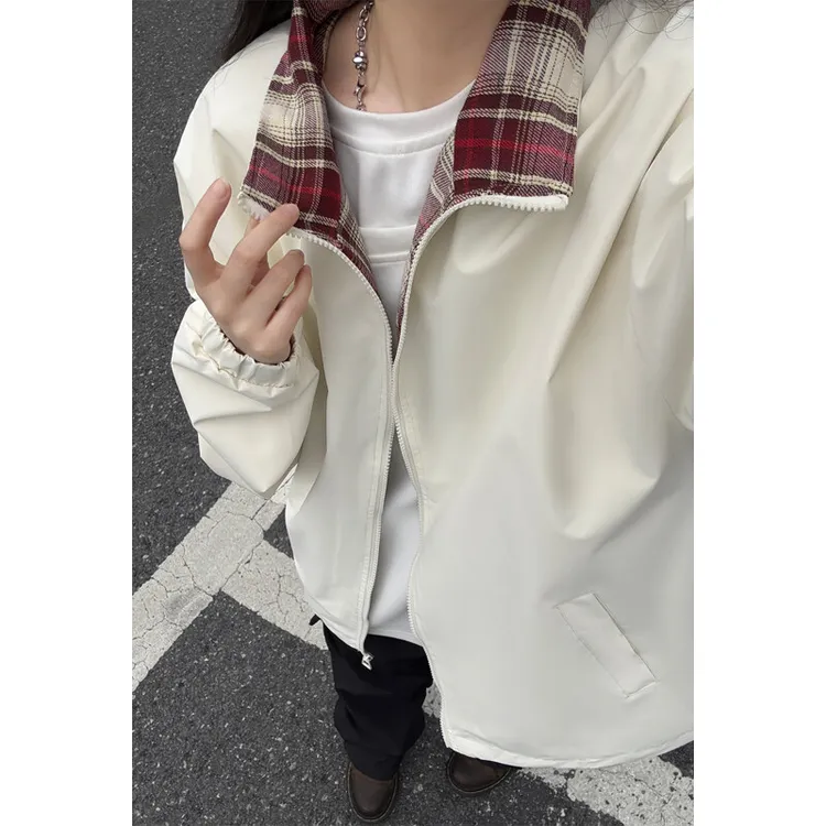 cleanfit格子拼接夹克男款春季美式复古情侣装外套宽松翻领棒球服